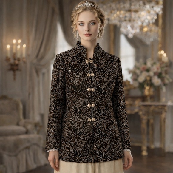 MSK Women Jackets & Blazers - MSK Women Plus 1X Black Gold‎ Glitter Velvet Jacket Heart Toggle Mandarin Collar